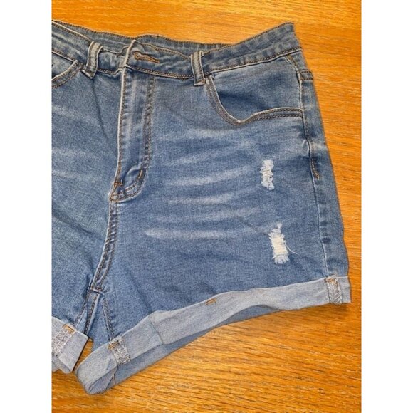Denim Distressed High-Waist Womens Shorts With Rolled Cuffs - Picture 3 of 4